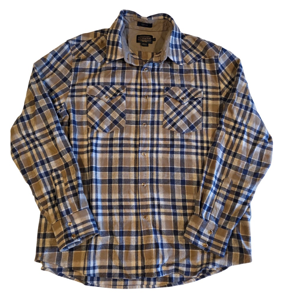 Pendleton Canyon Wool Western Shirt Mens XL Pearl Snap Plaid Blue Tan Flannel